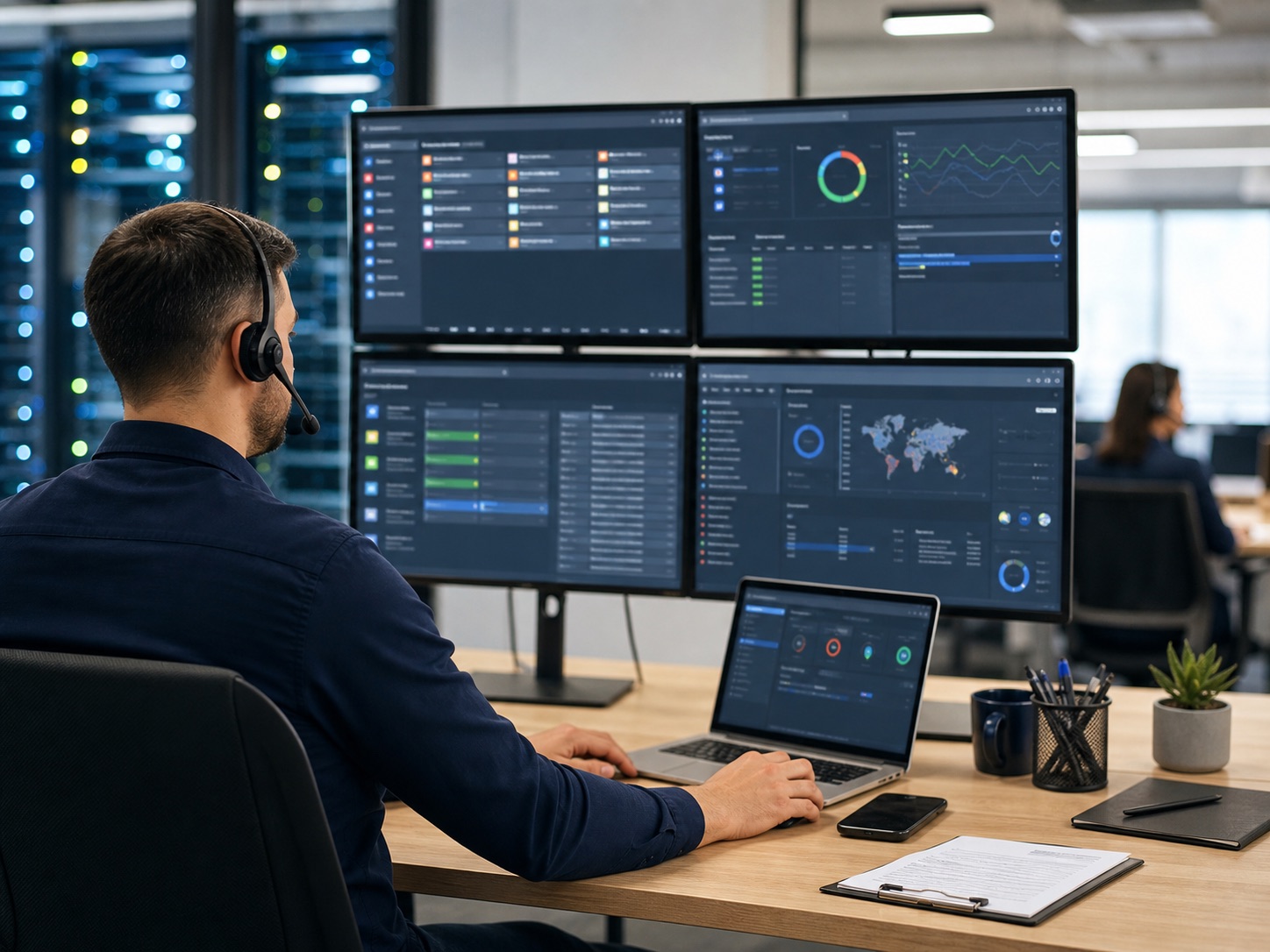 IT support workspace with device health and helpdesk dashboards